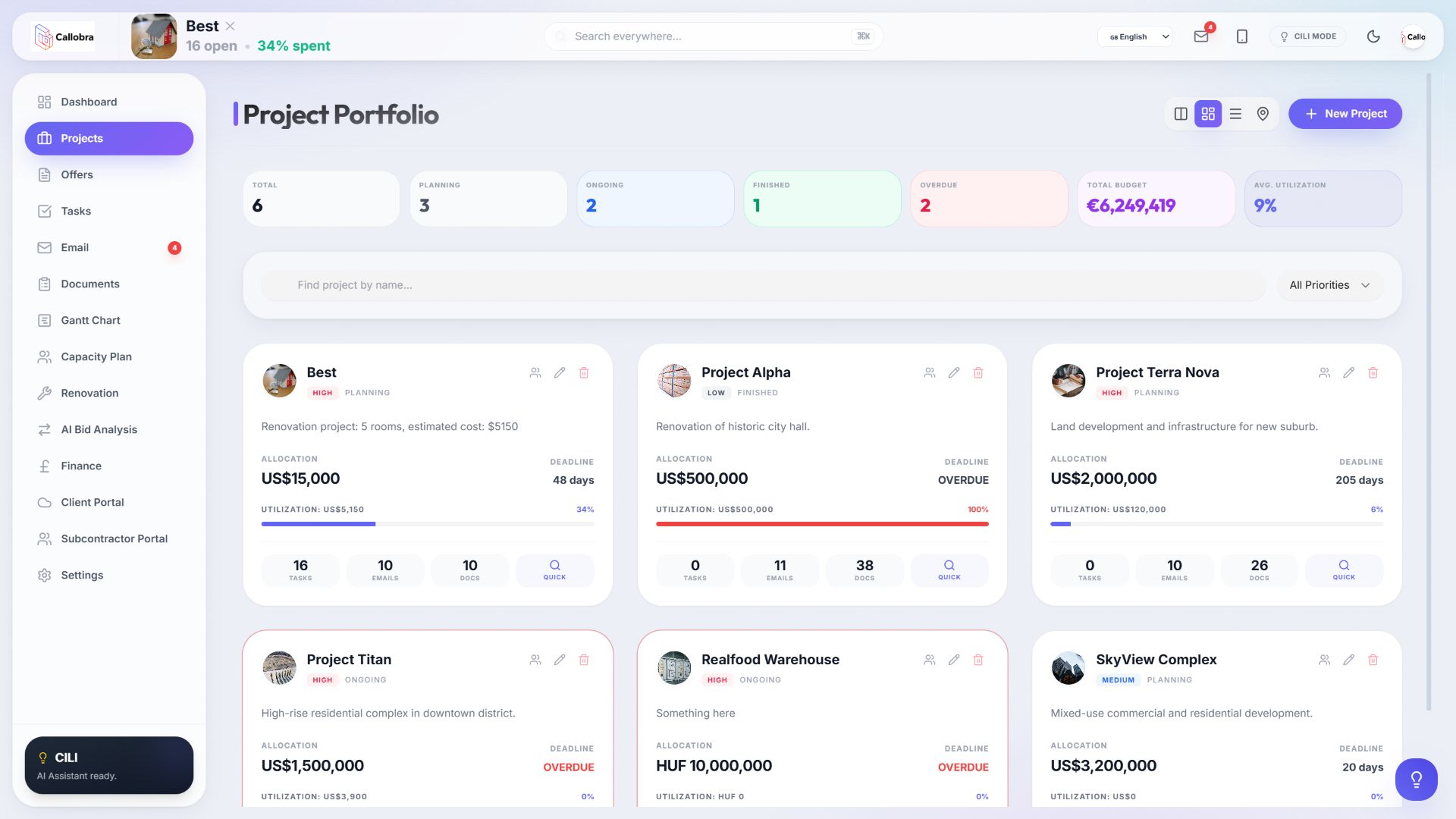 Callobra project portfolio: project portfolio at a glance, tasks, documents and conversations, shared visibility across the team